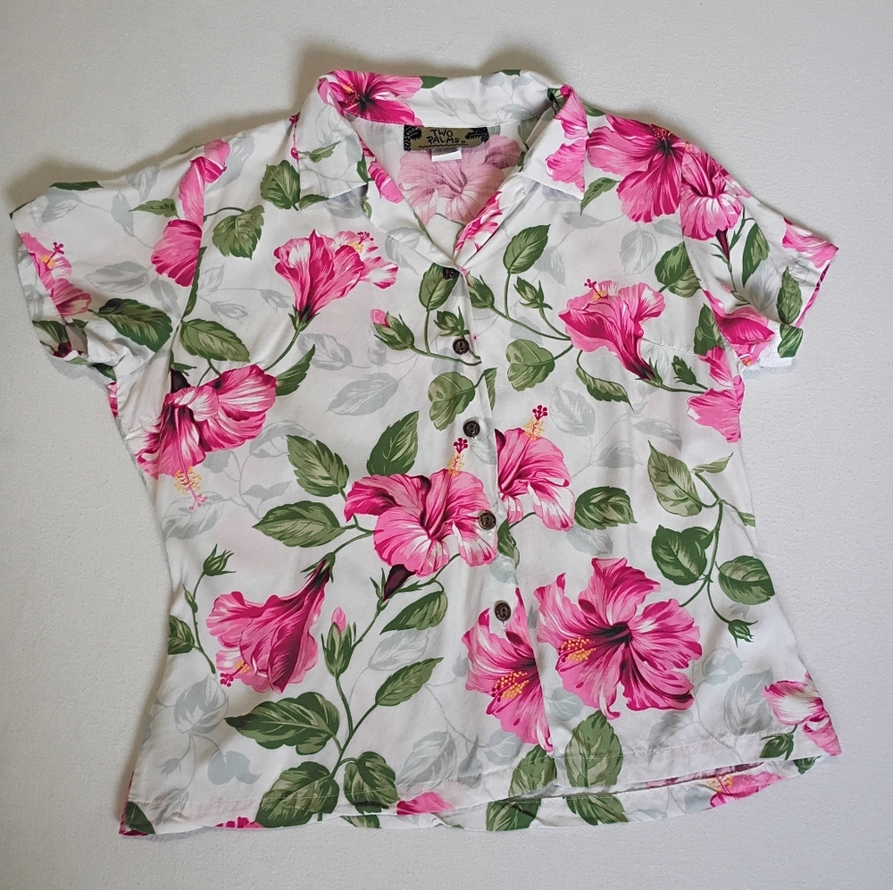 Two Palms 100% Rayon Pink Tropical Floral Button-Down Shirt Size S Made In Hawai